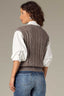 Heather Mocha Off White Below Elbow Blouson Sleeve Back Center Seam Solid Stitch Mix Collar V-Neck Twofer Sweater Vest 