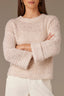 Heather Light Oatmeal Long Cuff Drop Shoulder Sleeve Round Neck Open Work Sweater
