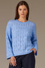 Heather Cerulean Blue Long Drop Shoulder Sleeve Round Neck Open Work Sweater