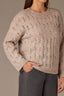 Heather Mocha Long Drop Shoulder Sleeve Round Neck Open Work Sweater

