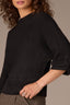 Black Three Quarter Dolman Blouson Sleeve Pleated Funnel Neck Banded Hem Sweater Top