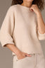 Heather Cream Three Quarter Dolman Blouson Sleeve Pleated Funnel Neck Banded Hem Sweater Top