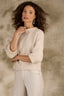 Heather Cream Three Quarter Dolman Blouson Sleeve Pleated Funnel Neck Banded Hem Sweater Top