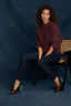 Lotus Root Three Quarter Dolman Blouson Sleeve Pleated Funnel Neck Banded Hem Sweater Top