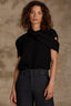 Black Extended Shoulder Sleeve Wraparound Ribbed Scarf Round Neck Banded Hem Sweater