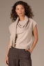 Heather Oatmeal Extended Shoulder Sleeve Wraparound Ribbed Scarf Round Neck Banded Hem Sweater