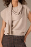 Heather Oatmeal Extended Shoulder Sleeve Wraparound Ribbed Scarf Round Neck Banded Hem Sweater