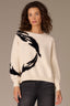 Ivory Black Long Drop Shoulder Bloudon Pleated Sleeve Round Neck Abstract Intarsia Mixed Media Sweater
