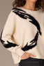 Ivory Black Long Drop Shoulder Bloudon Pleated Sleeve Round Neck Abstract Intarsia Mixed Media Sweater
