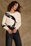 Ivory Black Long Drop Shoulder Bloudon Pleated Sleeve Round Neck Abstract Intarsia Mixed Media Sweater