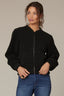 Black Long Banded Blouson Sleeve Stand Collar Mix Stitch Zip Front Angled Pocket Sweater Jacket
