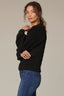 Black Long Banded Blouson Sleeve Stand Collar Mix Stitch Zip Front Angled Pocket Sweater Jacket
