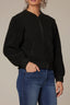 Black Long Banded Blouson Sleeve Stand Collar Mix Stitch Zip Front Angled Pocket Sweater Jacket
