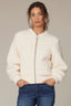 Ivory Long Banded Blouson Sleeve Stand Collar Mix Stitch Zip Front Angled Pocket Sweater Jacket