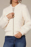 Ivory Long Banded Blouson Sleeve Stand Collar Mix Stitch Zip Front Angled Pocket Sweater Jacket
