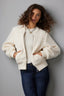 Ivory Long Banded Blouson Sleeve Stand Collar Mix Stitch Zip Front Angled Pocket Sweater Jacket
