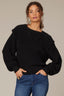 Black Long Banded Sleeve Extended Ribbed Flange Shoulder Round Neck Pointelle Sweater