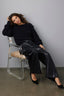 Black Long Banded Sleeve Extended Ribbed Flange Shoulder Round Neck Pointelle Sweater