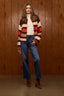 Chocolate Truffle Multi Stripe Drop Shoulder Long Wide Sleeve High Neck Wide Striped Open Front Sweater Cardigan