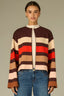 Chocolate Truffle Multi Stripe Drop Shoulder Long Wide Sleeve High Neck Wide Striped Open Front Sweater Cardigan