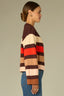 Chocolate Truffle Multi Stripe Drop Shoulder Long Wide Sleeve High Neck Wide Striped Open Front Sweater Cardigan