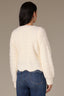 Off White Long Blouson Cuff Sleeve Open Front Patch Pocket Open Work Round Collarless Neck Scallop Hem Sweater Cardigan