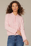 Heather Light Guava Loung Flounce Sleeve Cascade Ruffle Half Button Placket Pointelle Round Stand Collar Sweater Top