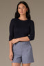 Navy Below Elbow Sleeve Round Neck Whipstitch Detail Ribbed Petite Sweater