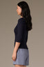 Navy Below Elbow Sleeve Round Neck Whipstitch Detail Ribbed Petite Sweater