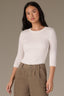Off White Below Elbow Sleeve Whipstitch Detail Round Neck Ribbed Sweater