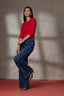 Mid Blue Skyrise Diagonal Fray Panel Acid Wash Released Hem Strings Broken Yoke Wide Leg Contour Shape Technology Jean
