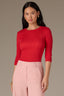 Poppy Red Below Elbow Sleeve Whipstitch Detail Round Neck Ribbed Sweater