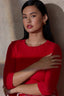 Poppy Red Below Elbow Sleeve Whipstitch Detail Round Neck Ribbed Sweater
