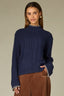 Navy Long Drop Shoulder Sleeve Mock Neck Contrast Whip Stitch Speckled Cable Knit Straight Hem Sweater Top