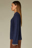 Navy Long Drop Shoulder Sleeve Mock Neck Contrast Whip Stitch Speckled Cable Knit Straight Hem Sweater Top