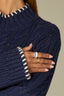 Navy Long Drop Shoulder Sleeve Mock Neck Contrast Whip Stitch Speckled Cable Knit Straight Hem Sweater Top