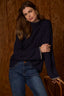 Navy Long Drop Shoulder Sleeve Mock Neck Contrast Whip Stitch Speckled Cable Knit Straight Hem Sweater Top