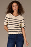 Ivory Black Short Puff Sleeve Scallop Tipping Round Neck Stripe Sweater