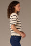 Ivory Black Short Puff Sleeve Scallop Tipping Round Neck Stripe Sweater
