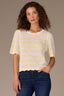 Off White Sunny Lime Short Puff Sleeve Scallop Tipping Round Neck Stripe Sweater