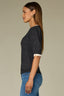 Charcoal Ecru Double Layer Elbow Puff Sleeve Double Layer Round Neck Scallop Edge Straight Banded Hem Sweater Top