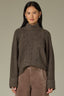 Heather Mocha Long Raglan Cuffed Sleeve Fold over Turtleneck Split Back Straight Hem Shimmer Thread Petite Sweater Top