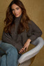 Heather Mocha Long Raglan Cuffed Sleeve Foldover Turtleneck Split Back Straight Hem Shimmer Thread Sweater Top