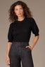 Black Pleated Cinched Elbow Sleeve Round Neck Banded Hem Scallop Edge Detail Open Work Sweater Top