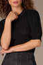 Black Pleated Cinched Elbow Sleeve Round Neck Banded Hem Scallop Edge Detail Open Work Sweater Top