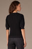 Black Pleated Cinched Elbow Sleeve Round Neck Banded Hem Scallop Edge Detail Open Work Sweater Top