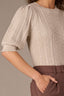 Stone Pleated Cinched Elbow Sleeve Round Neck Banded Hem Scallop Edge Detail Open Work Sweater Top
