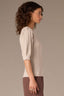 Stone Pleated Cinched Elbow Sleeve Round Neck Banded Hem Scallop Edge Detail Open Work Sweater Top