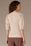 Stone Pleated Cinched Elbow Sleeve Round Neck Banded Hem Scallop Edge Detail Open Work Sweater Top