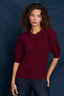Wild Plum Pleated Cinched Elbow Sleeve Round Neck Banded Hem Scallop Edge Detail Open Work Sweater Top